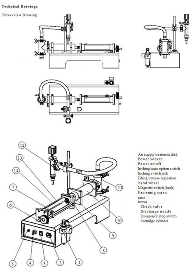 drawing of the semi-auto penumatic liquid sauce filling mach